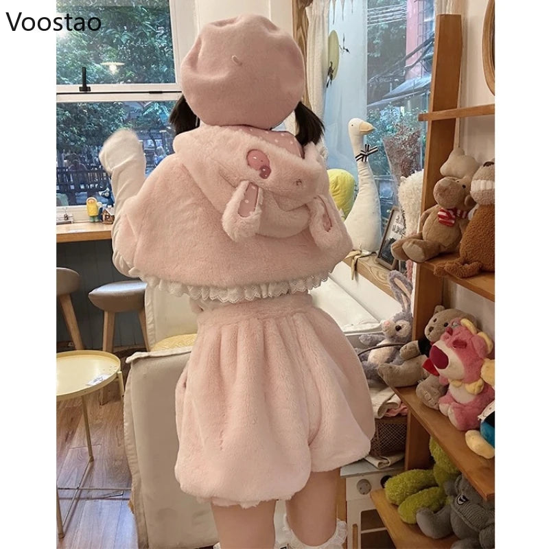 Autumn Winter Japanese Kawaii Lolita Shorts 3 Piece Sets Women Sweet Blouse Cute Shawl Cartoon Plush Overalls Suits Y2k Outfits