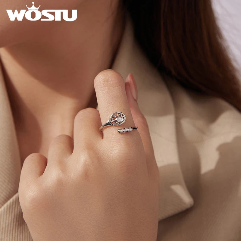 WOSTU 925 Sterling Silver Tennis Racket Open Ring, Shiny CZ Tennis Ball Ring Unique Sporty Jewelry Gift for Women Tennis Players