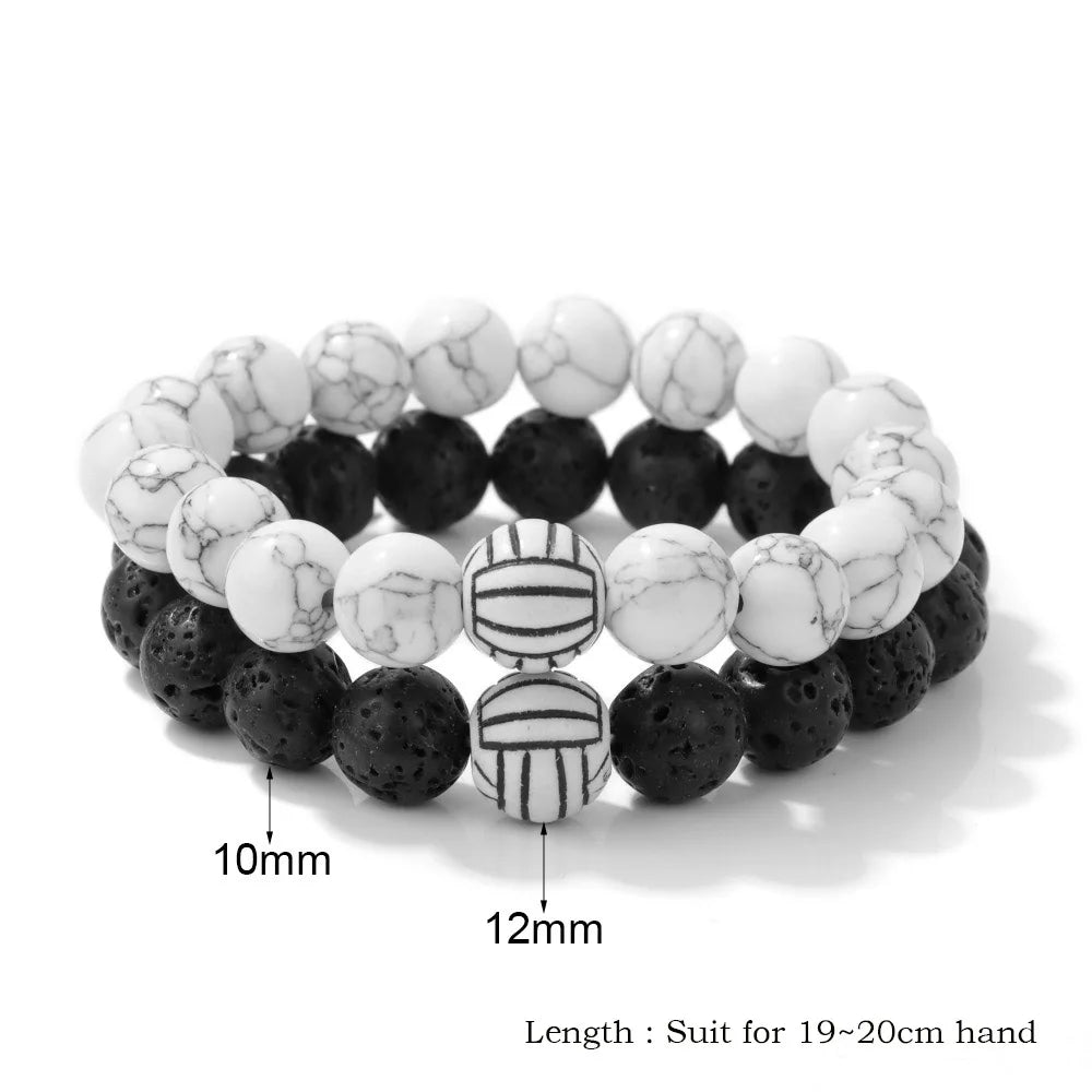 New 2Pcs Men Bracelet Set 10mm White Howlite Lava Stone Strand Braslet Basketball Football Baseball Braclet Handmade Pulseria