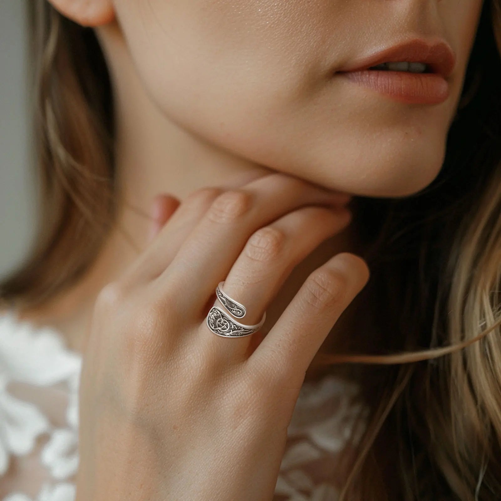 Eudora 925 Sterling Silver Pentagram Adjustable Ring Vintage Tetragrammaton Amulet Spoon Ring Wicca Jewelry Gift for Men Women