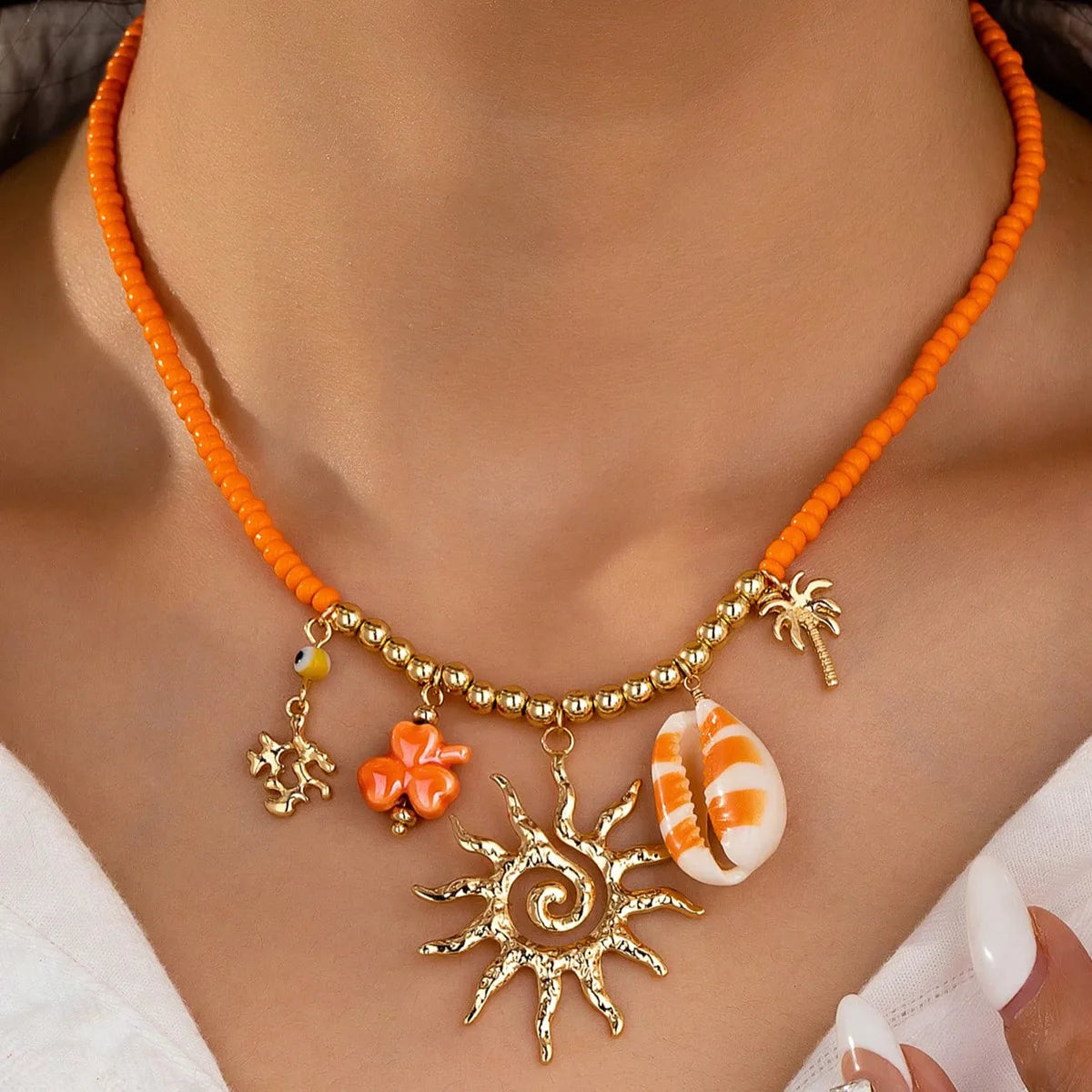 Summer Beach Vacation Sea Star Conch Shell Pendant Short Necklace