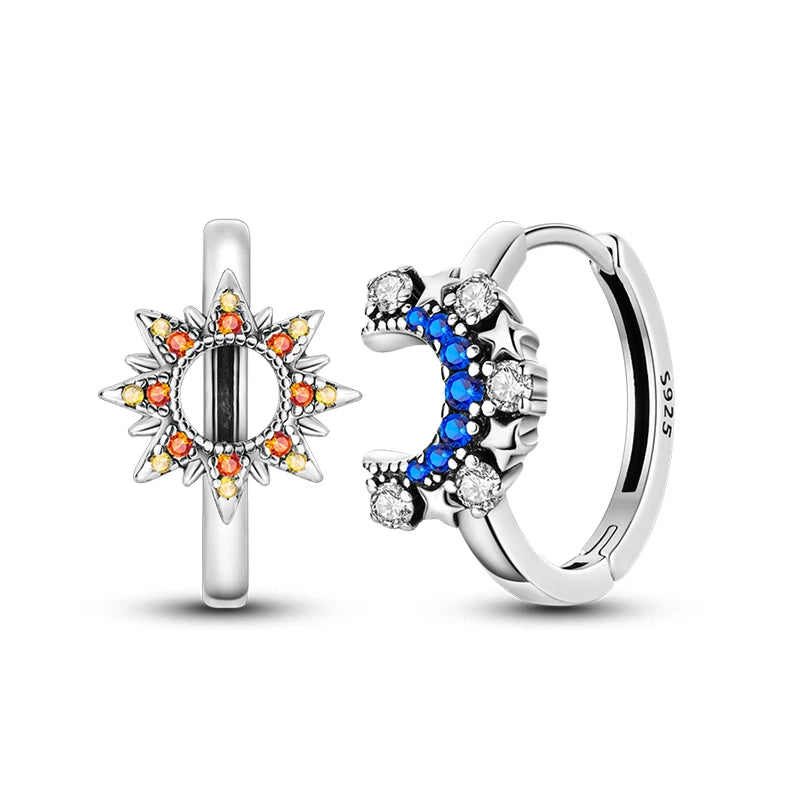 Classic Earrings 925 Silver Zircon Shiny Stars Moon Warm Sun Double Hoop Earrings For Women Original Birthday Party Jewelry Gift