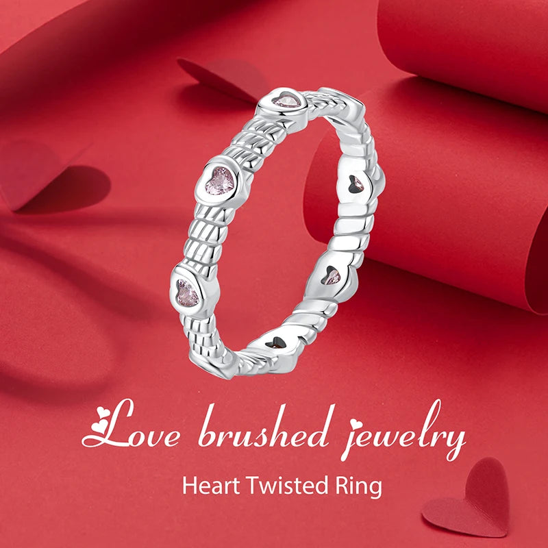 Bague torsadée en argent sterling 925 BISAER en forme de cœur sertie de zircons sertis pavés, bande d'amour plaquée or blanc pour femme, bijoux fins de mariage