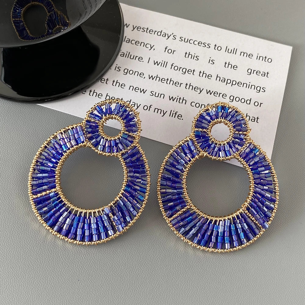 AENSOA Korean Navy Blue Round Tassel Hanging Earrings for Women Fashion Geometric Circle Pearl Drop Earrings Statement Jewelry