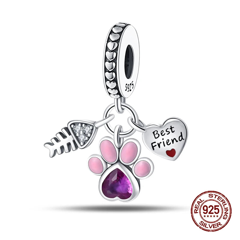 100% 925 Sterling Silver Cute Cat's Paw Dog Animal Pets Charms Beads Fit 3mm 925 Original Bracelet Fine DIY Birthday Jewelry