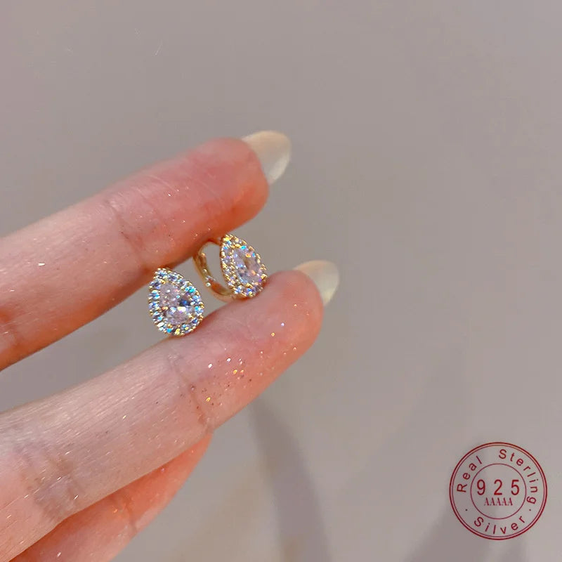 French Exquisite Small Zircon Water Droplet 925 Sterling Silver Plated 14K Gold Earrings for Women Wedding Party Jewelry