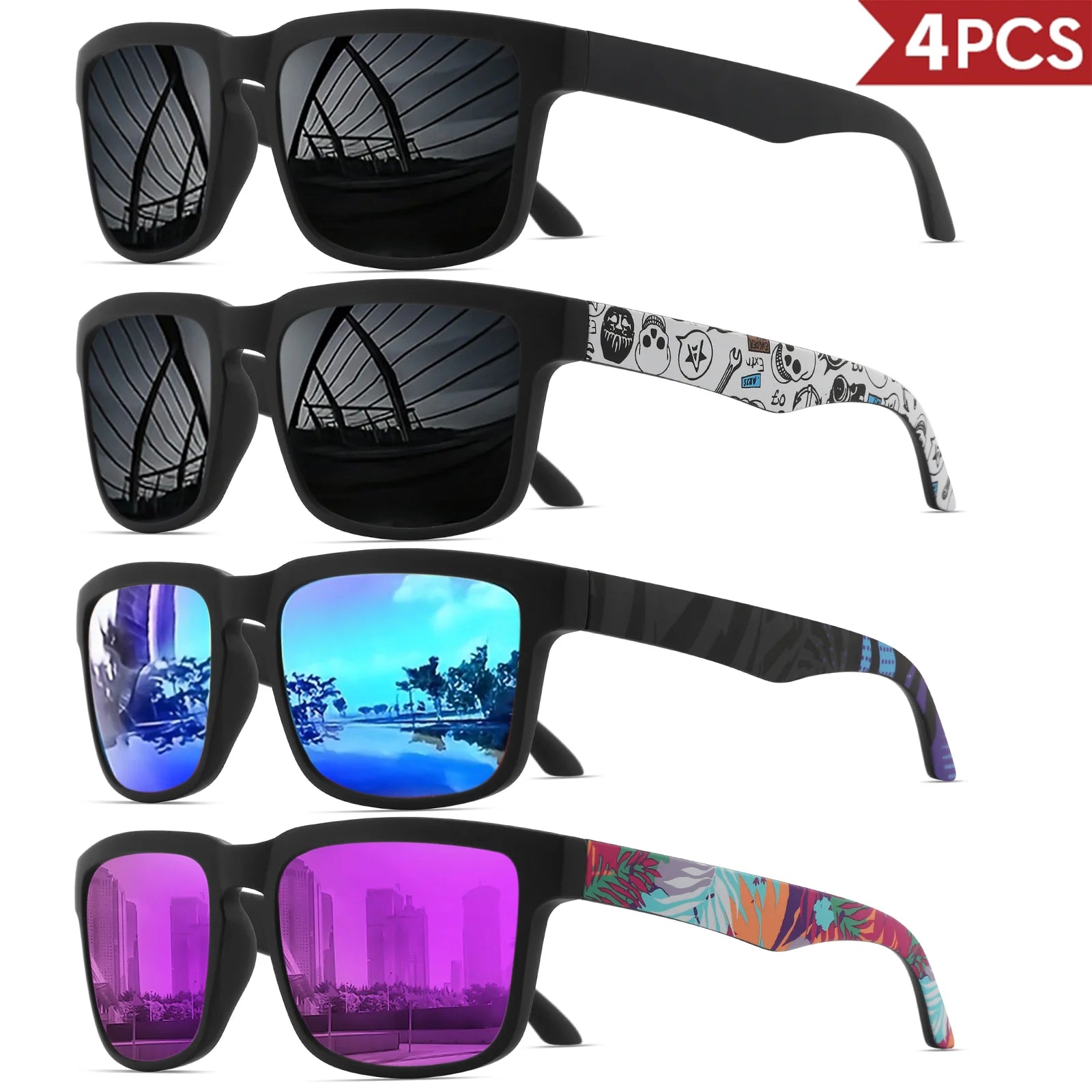 4PCS Square Sports Sunglasses with Designer Temple Pattern - UV400 for Men Women, Beach Vacation