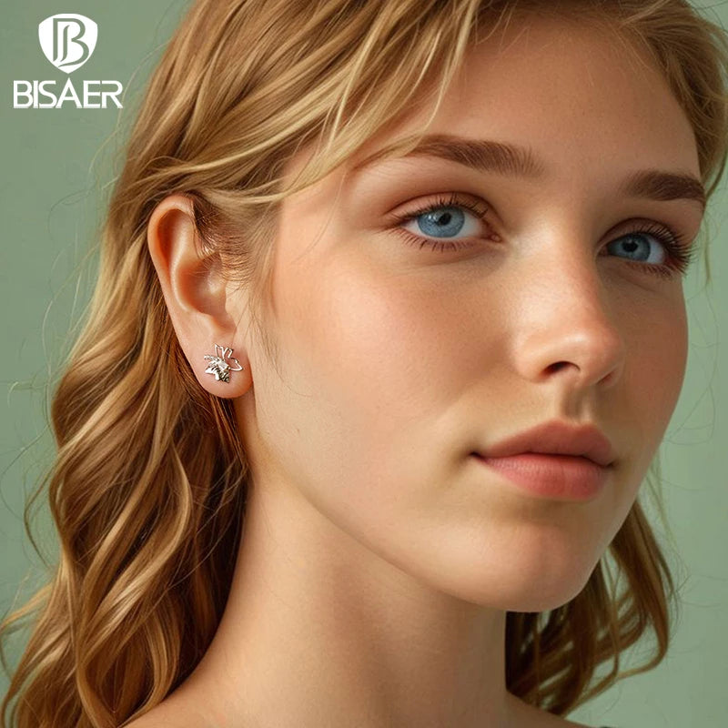 Boucles d'oreilles à tige en argent sterling 925 BISAER en forme de feuille d'automne et de papillon - Simple - Plaqué or blanc - Pour femme - Bijoux fins de fête
