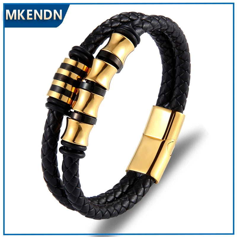 MKENDN Punk Genuine Leather Bracelet Double Layer Black Stainless Steel Magnetic Button For Men Unisex Accessories Jewelry