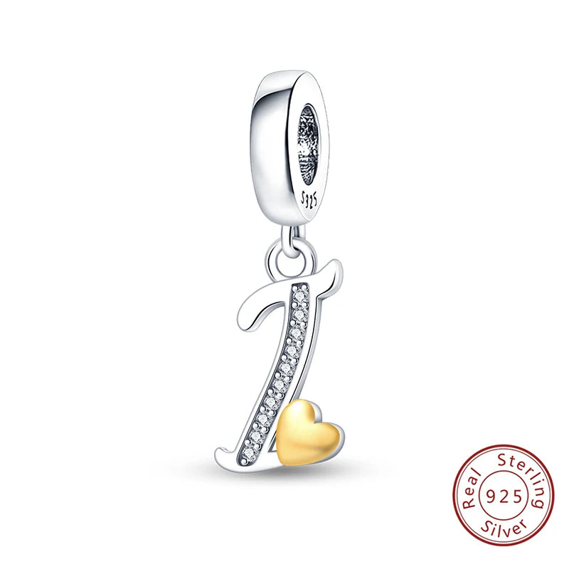 Classic 925 Sterling Silver 26 Gold Color Heart Zircon Letter A-Z Charms Beads Fit Original Bracelets DIY Birthday Jewelry Gift