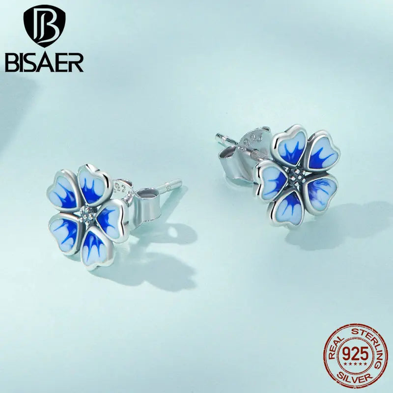 Boucles d'oreilles à tige en argent sterling 925 BISAER à fleurs multiples Boucles d'oreilles en fleurs de cerisier pour femme Plaqué platine Bijoux fins Cadeau