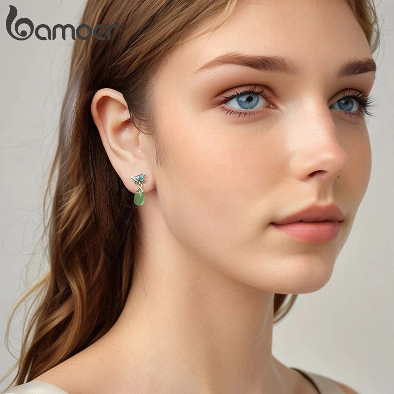 BAMOER 925 Sterling Silver Butterfly Stud Earrings for Women Teens, Crystal Green Resin Teardrop Dangle Earrings Hypoallergenic