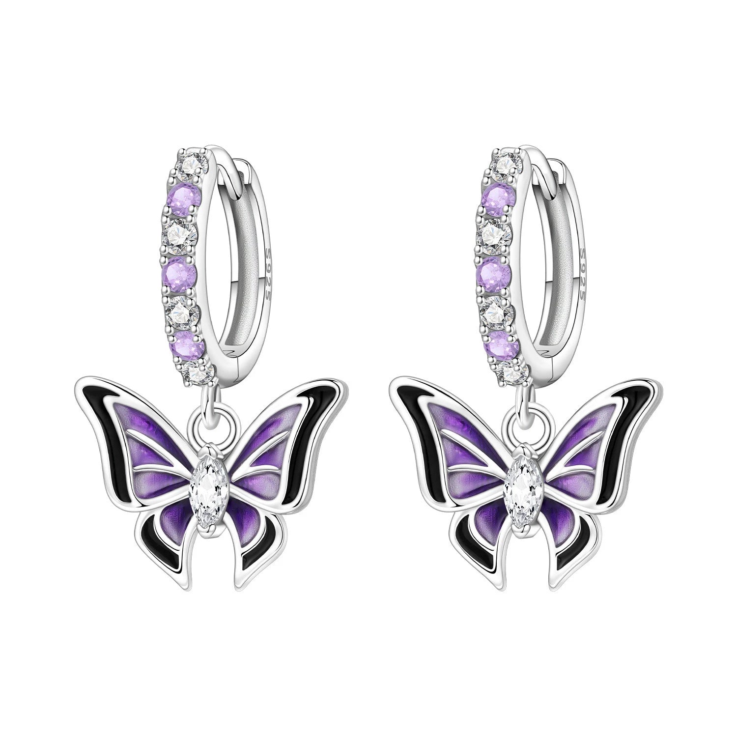 PANPOKI 925 Sterling Silver Purple Butterfly Insect Drop Earrings Women Earrings Charm Trend Versatile Party Jewelry Gifts