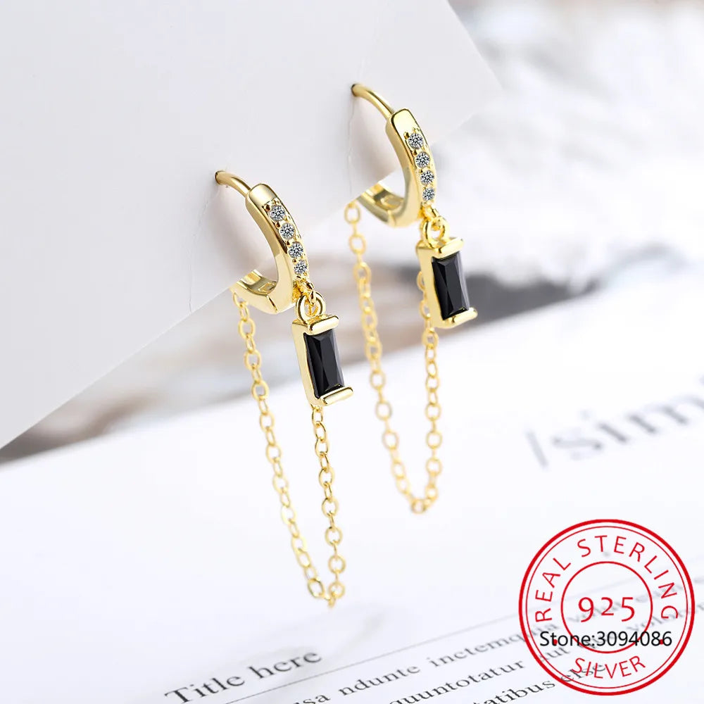 Real 925 Sterling Silver Hoop Fashion Chain Black CZ Hoop Earring Huggies For Women Wedding Birthday Gift Fine Jewelry DG0004