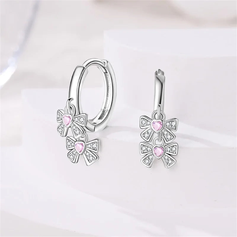 Sweet Bows Earrings 925 Silver Shining Heart Shaped Zircon Hoop Earrings For Women Engagement Birthday Proluxy Fine Jewelry Gift