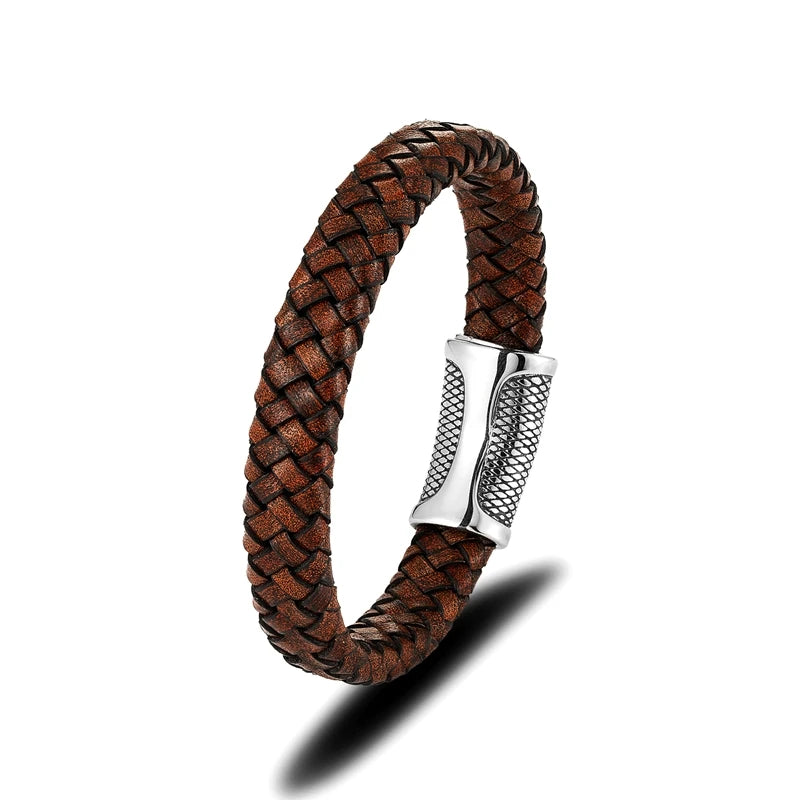 MKENDN Punk Rock Style Men Vintage Woven Genuine Leather Bracelet For Women Vintage Stainless Steel Dragon Scale Magnet Clasp