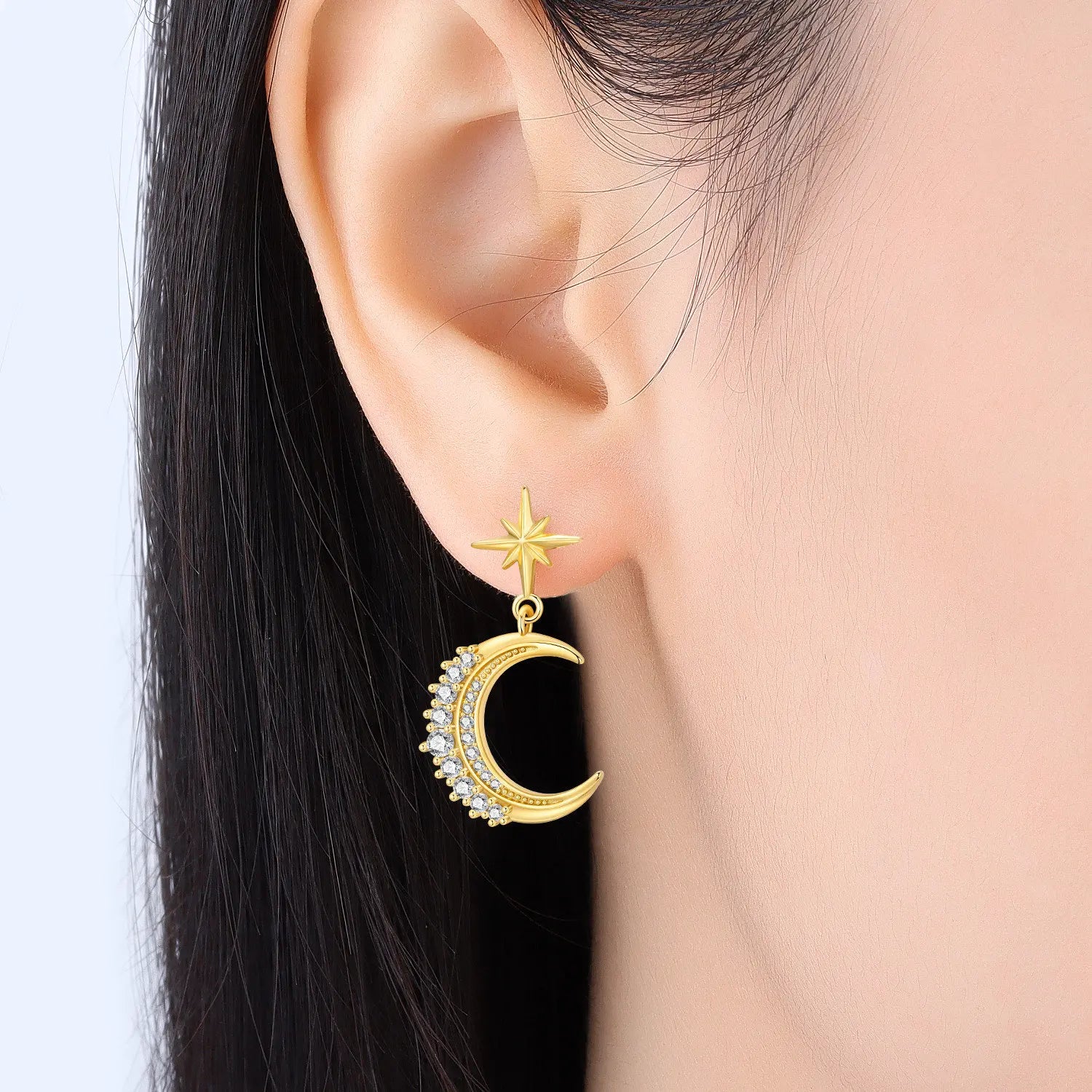 PANPOKI S925 Sterling Silver 18K Gold Sparkling Starry Moon Stud Earrings For Lady Jewelry Anniversary Trendy Original Gifts