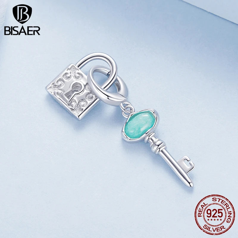 BISAER 925 Sterling Silver Eternal Love Family Charm Bead Lock Key Heat Mom Pendant For Women DIY Bracelets Fine Jewelry Gift