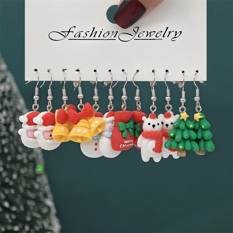 6 Pairs Colorful Christmas Cartoon Dangle Earrings Set For Women Girls Cute Santa Claus Snowman Elk Resin Drop Earring Jewelry
