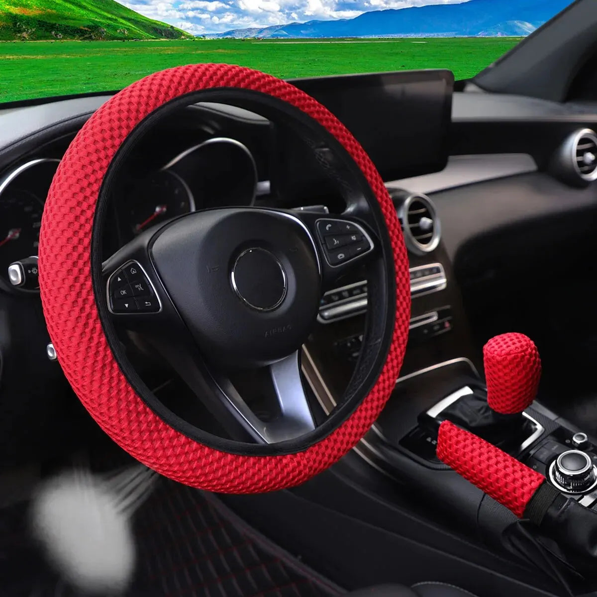 3-piece Massage Mesh Cloth Breathable Car without Inner Ring Steering Wheel Cover Handbrake Cover Handle Cover 14.5-15INCH - Madeinsea©