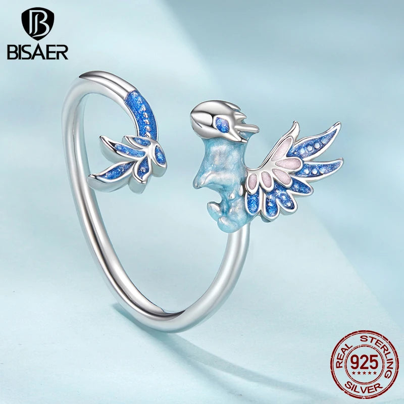 BISAER 925 Sterling Silver Flying Dragon Open Ring Blue Enamel Band Plated White Gold for Women Party Original Fine Jewelry