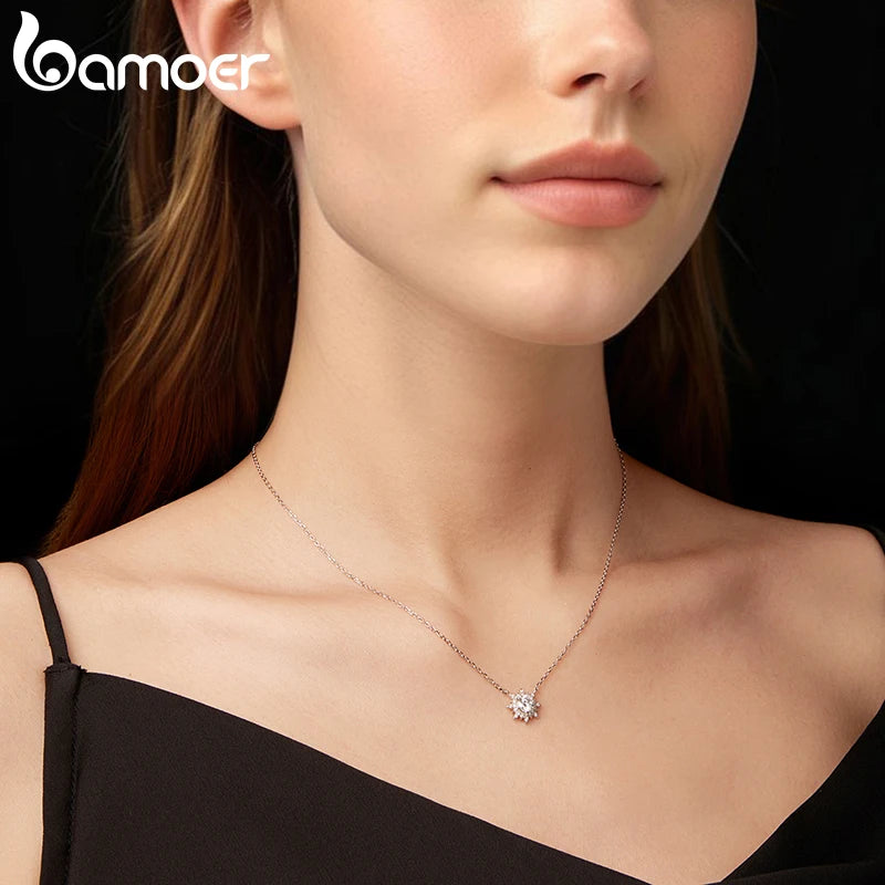 BAMOER 0.5CT Sun Moissanite Necklace 925 Sterling Silver Halo Pendant Necklace with Link Chain for Women Sparkling Jewellry Gift
