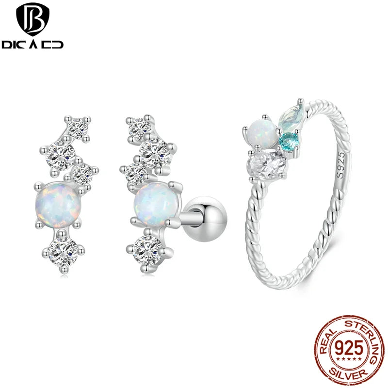 BISAER 925 Sterling Silber Exquisiter Opalring Funkelnde Zirkonia Ohrstecker Vergoldet Weißgold für Damen Party Edles Schmuckset