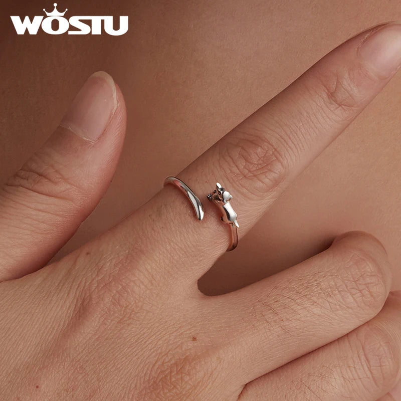 WOSTU 925 Sterling Silver 3D Dachshund Dog Cat Open Ring Women Cut Pet Paw Adjustable Rings Fine Jewelry Animal Lover Girl Gifts