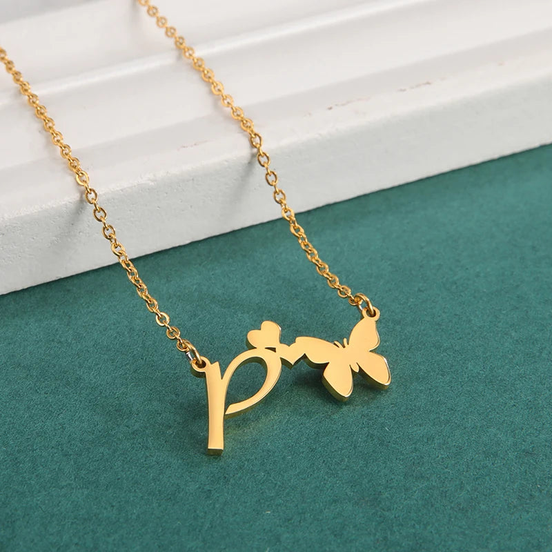 New Fashion 26 Initials Letter Pendant Butterfly Necklace for Women Elegant Stainless Steel Gold Color Necklace Jewelry Gift