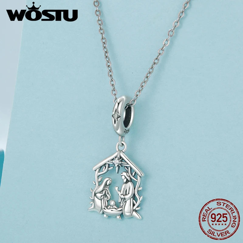 WOSTU 925 Sterling Silver Jesus Nativity Scene Charm The Birth Of Jesus Pendant Fit Bracelet Necklace Making DIY Unqiue Gift
