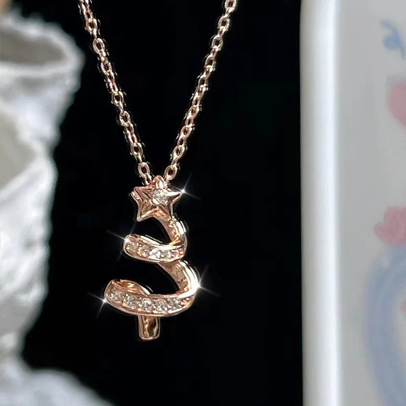 Full Rhinestone Christmas Tree Snowflake Pendant Necklace For Women Exquisite Zircon Star Girl Sweater Collarbone Chain Jewelry
