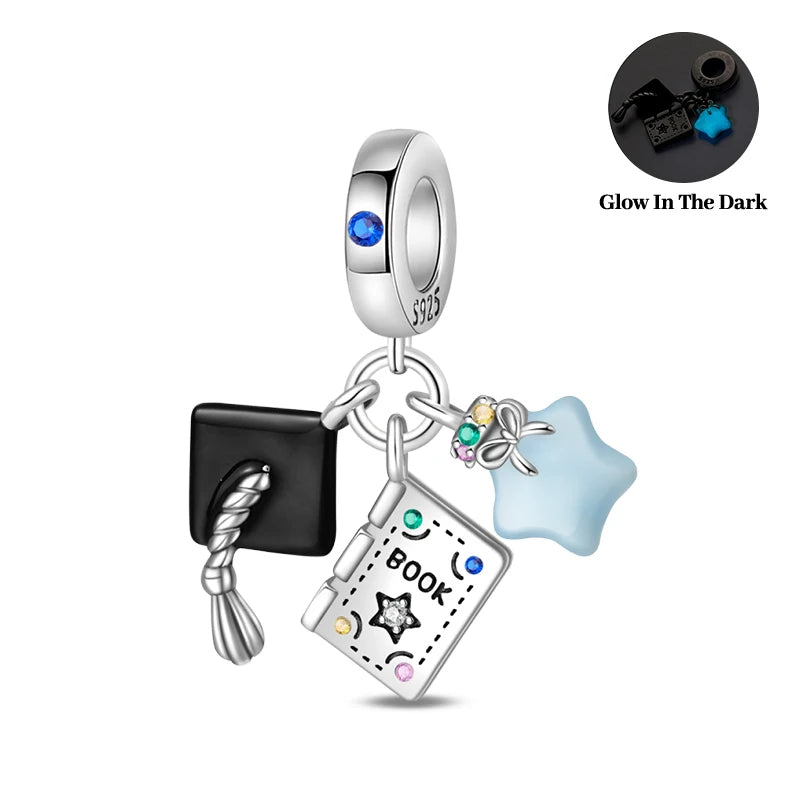 New 925 Silver Trencher Cap Graduation Season Charms Beads Fit 3mm 925 Original Bracelets DIY Unique Jewelry Graduation Gift