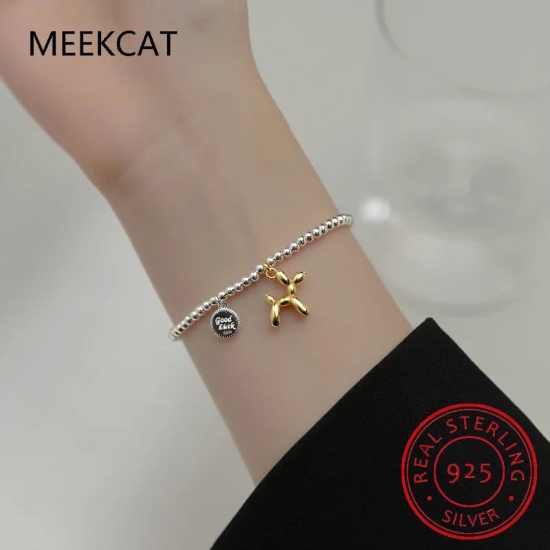 Genuine 925 Sterling Silver Minimalist 3mm Beads Animal Balloon Dog Elastic Bracelet For Women Wedding Jewelry DA2609