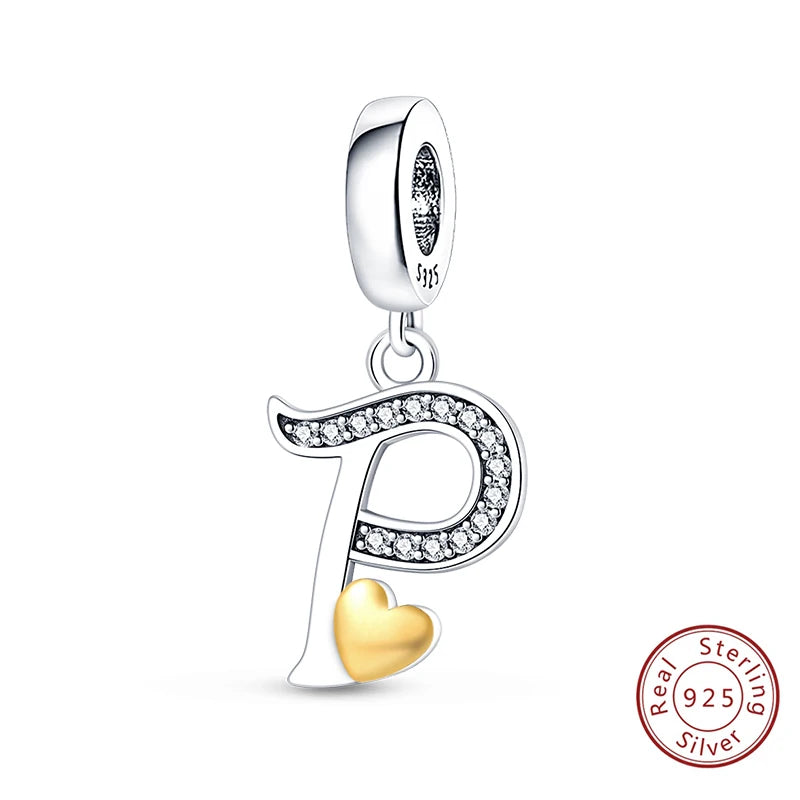 Classic 925 Sterling Silver 26 Gold Color Heart Zircon Letter A-Z Charms Beads Fit Original Bracelets DIY Birthday Jewelry Gift