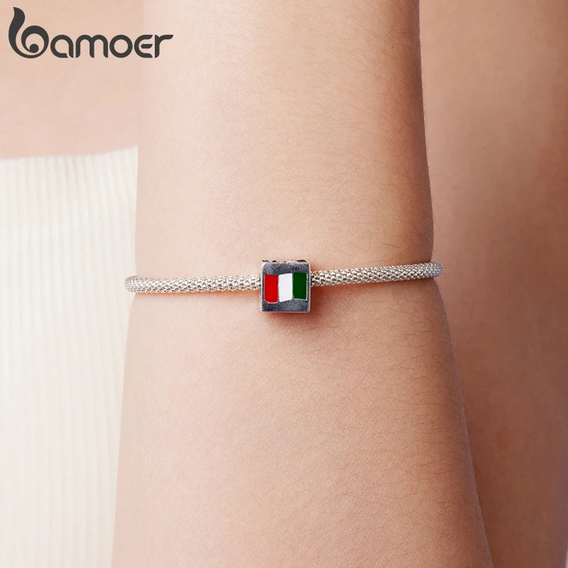 Bamoer 925 Sterling Silver World Travel Souvenir Charms Square National Beads for Women DIY Bracelet Accessories Culture Gift