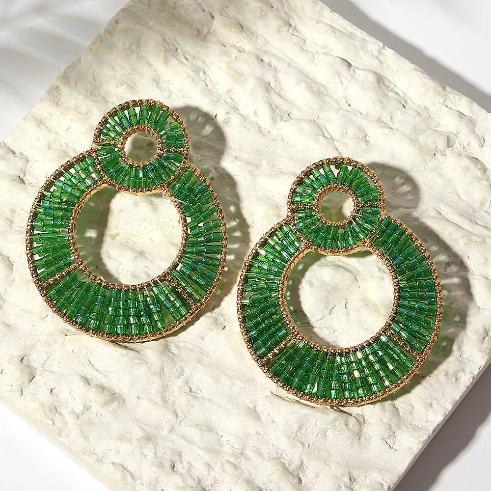 AENSOA Luxury Colorful Crystal Beaded Double Round Drop Earrings for Women Gold Color Metal Dangle Earrings Handmade Jewelry