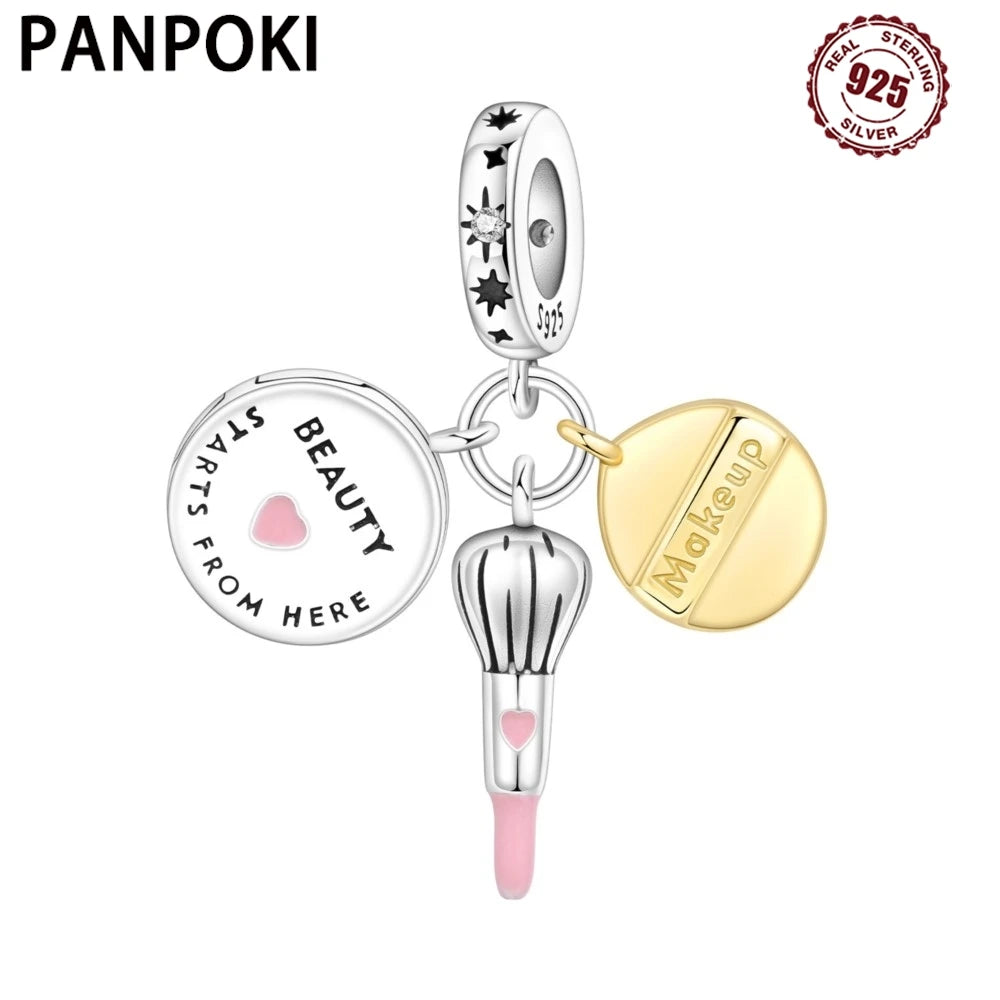 PANPOKI 925 Sterling Silver Brush Beauty Pendant Charms Beads Fit Bracelets DIY Party Trendy Gifts Jewelry Accessory