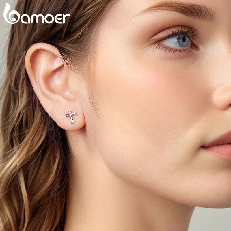 BAMOER 925 Sterling Silver Bold Cross Stud Earrings, Plated White Gold Religious Piercing CZ Earrings for Women Protection Gift