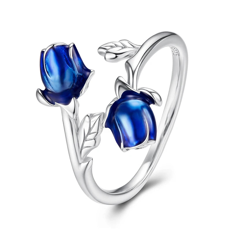 BAMOER 925 Sterling Silber Rosenring mit blauer Emaille, 3D-Blumenring für Damen und Mädchen, Verlobungsgeschenk, Liebesgeschenk, Glücksbringer
