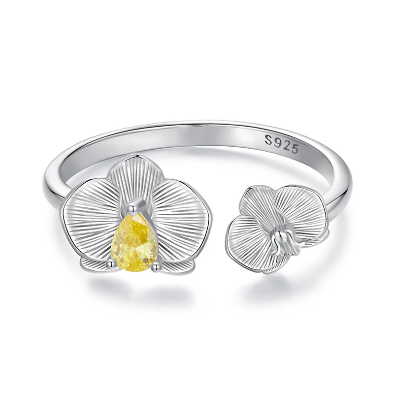 BAMOER 925 Sterling Silber Phalaenopsis offener Ring für Damen, Weißgold plattiert, Glücksblume Schmuck Geschenk Mode Geburtstagsgeschenk