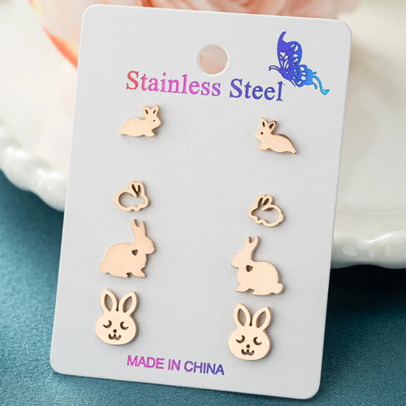 4Pairs/Lot Tiny Rabbit Earrings Women Cute Stainless Steel Bunny Stud Earring Sets for Girls Fashion Animal Ear Studs Birthday