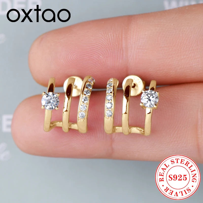 OXTAO Round Moissanite Hoops Earrings Fashion Half Open Cuff Real 925 Silver Piercing Stud Earrings Jewelry Gift for Women