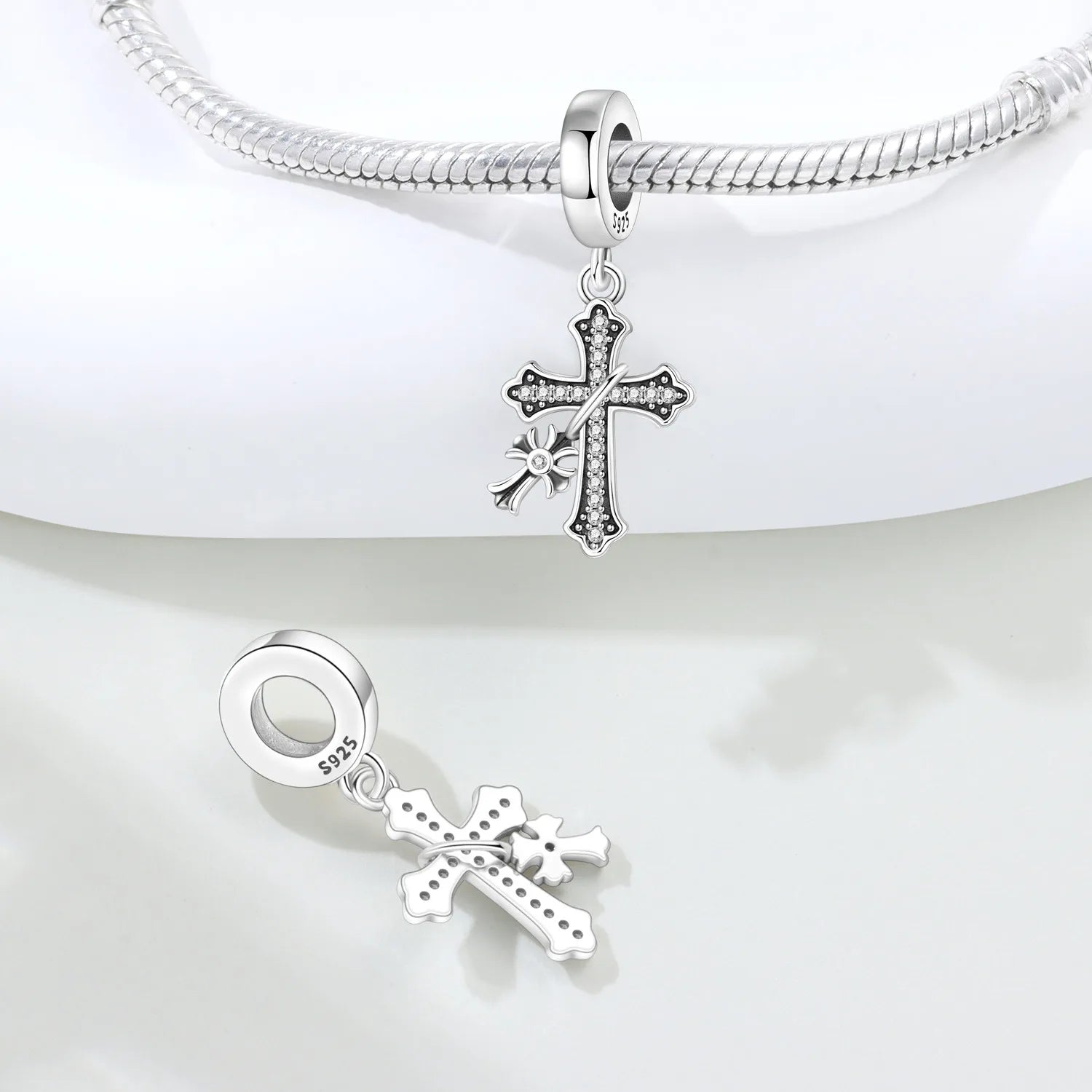PANPOKI 925 Sterling Silver Hanging Cross Religious Symbol Beads Original Pendants Bracelet Charm Jewelry Party DIY Trendy Gift