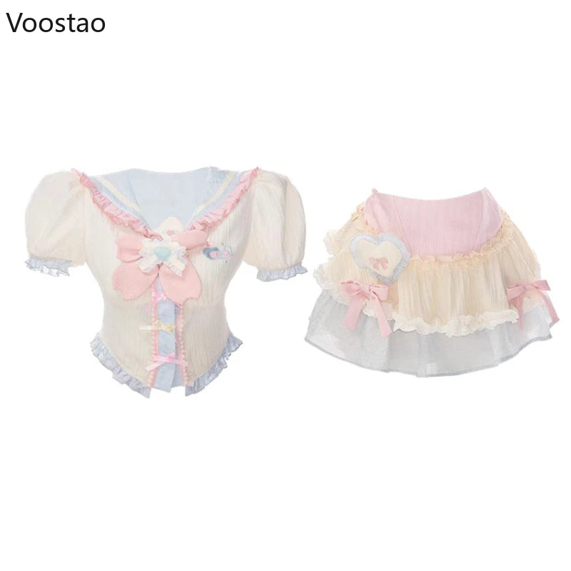 Kawaii Lolita Style Skirt Set Women Sweet Bow Short Sleeve Blouse Crop Tops Mini Skirts Suit Female Korean Fashion 2 Piece Sets