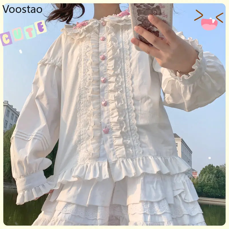 Japanese Cute Lolita Blouses Women Kawaii Candy Peter Pan Collar JK Shirt Tops Girls Sweet Lace Ruffles Puff Sleeve Chic Blouse