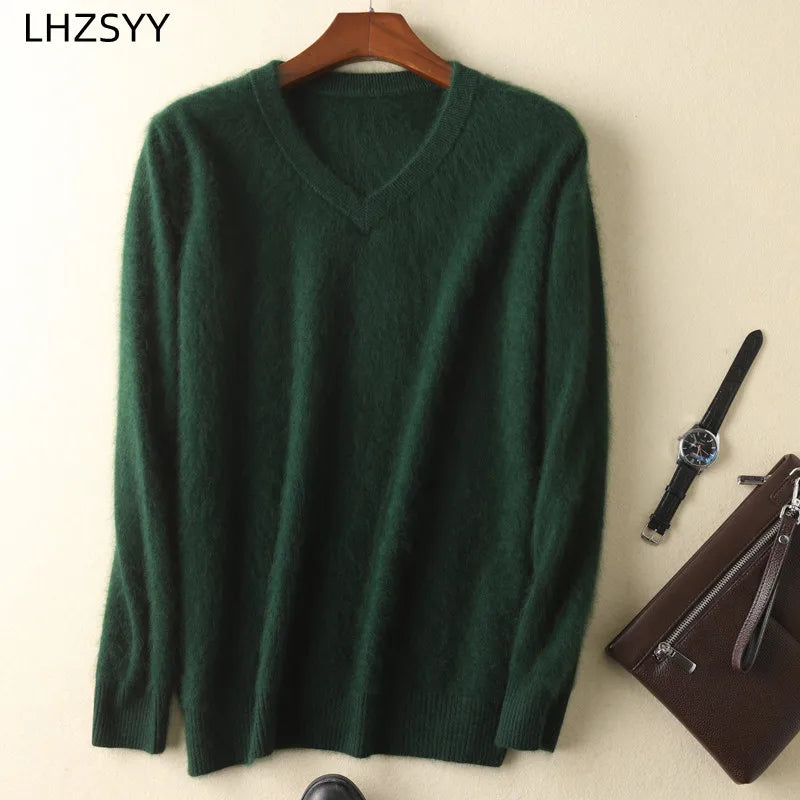 LHZSYY Men's 100% Mink Cashmere Large Size Sweaters Autumn Winter Solid V-neck Casual Knit Pullovers Men Long Sleeve Warm Jumper - Madeinsea©