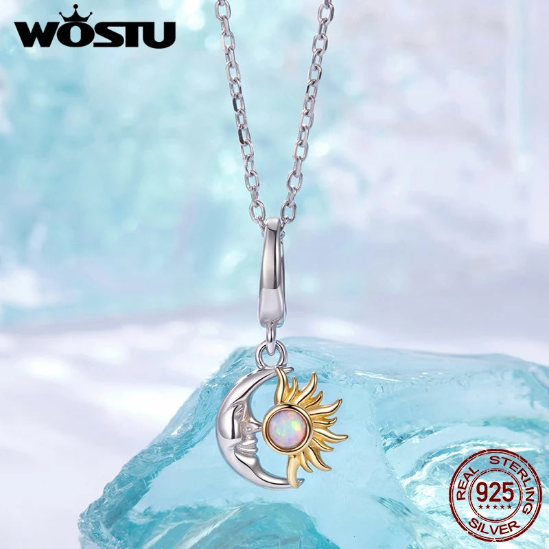 WOSTU 925 Sterling Silver Sun and Moon Charm Pendant White Gold Original Fit for Women Bracelets DIY Birthday Daily Fine Jewelry
