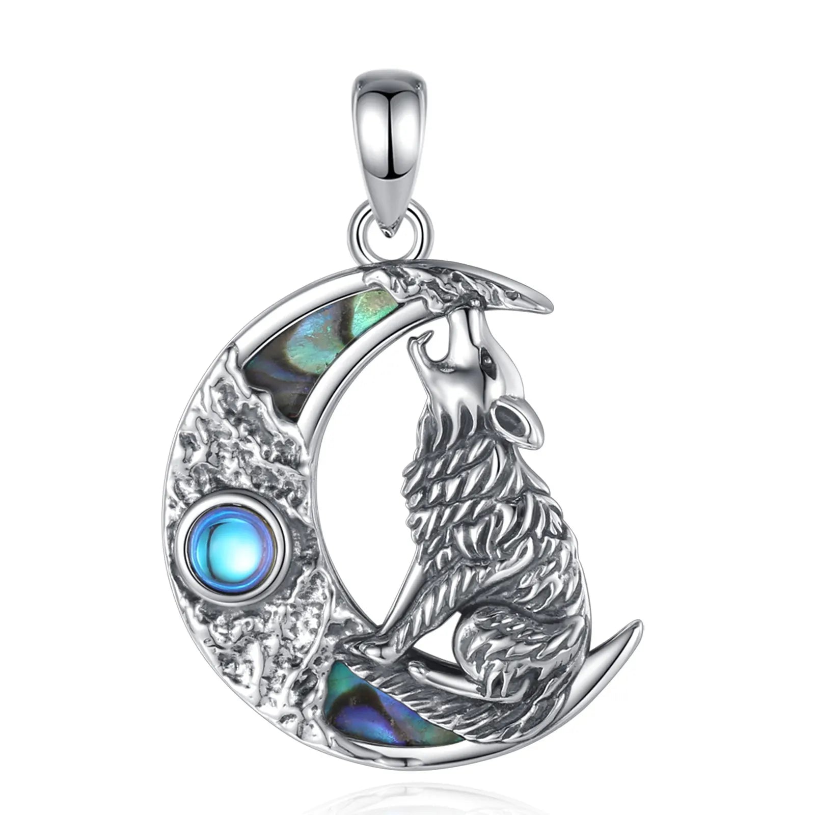 Eudora 925 Sterling Silver Wolf on the Moon Necklace for Women Man Natural Abalone Shell Viking Wolf Pendant Jewelry Party Gift