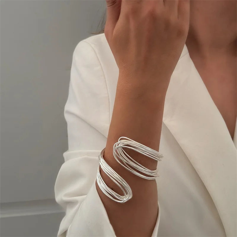 Classic Punk Wide Open Cuff Bracelet Bangle For Women Men Gold Color Punk Metal Wire String Exaggerated Bracelets Charm Jewelry