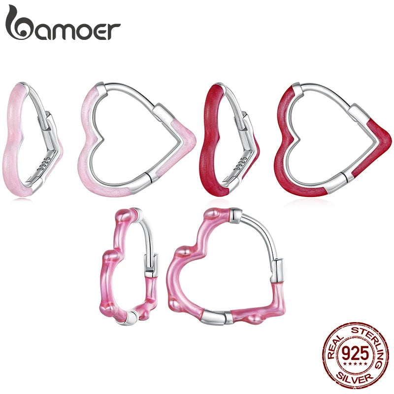 BAMOER 925 Sterling Silver Rainbow Heart Hoop Earrings Bright Color Piercing Huggie Earrings for Women Teens Girls Sweet Gift